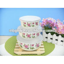Porcelain coating high quality plastic cover and beautiful rose decal of carbon steel Enamel ice bowl